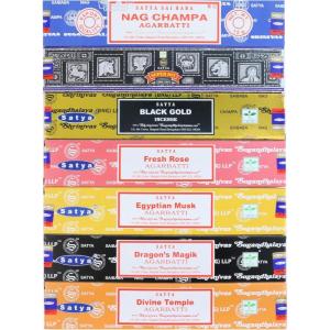 imageSatya Incense Sticks Gift Set 7 Scents Nag Champa Super Hit Dragons Blood Sandalwood Patchouli Lavender Positive Vibes 15g Each SmudgeHealing Mix
