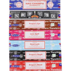 imageSatya Incense Sticks Gift Set 7 Scents Nag Champa Super Hit Dragons Blood Sandalwood Patchouli Lavender Positive Vibes 15g Each SmudgeMagic Mix