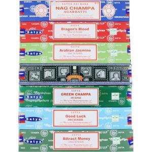 imageSatya Incense Sticks Gift Set 7 Scents Nag Champa Super Hit Dragons Blood Sandalwood Patchouli Lavender Positive Vibes 15g Each SmudgeRelaxation Mix