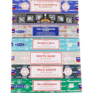 imageSatya Incense Sticks Gift Set 7 Scents Nag Champa Super Hit Dragons Blood Sandalwood Patchouli Lavender Positive Vibes 15g Each SmudgeSmudge