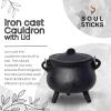 imageSOUL STICKS Reusable 6 Cast Iron Cauldron with Lid and Hanging Handle for Spell Casting Smudging Ritual ampamp Blessings Pot Belly Witchcraft Triple MoonHamsa Hand