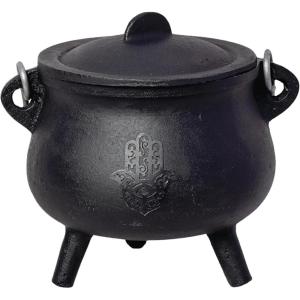 imageSOUL STICKS Reusable 6 Cast Iron Cauldron with Lid and Hanging Handle for Spell Casting Smudging Ritual ampamp Blessings Pot Belly Witchcraft Triple MoonHamsa Hand