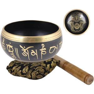 imageSoul Sticks Tibetan Singing Chakra Bowl with Cushion and Stick  Healing Sound Meditation Bowl Hamsa  BronzeHamsa  Black