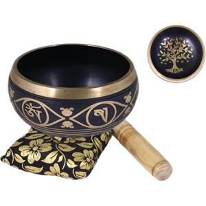 imageSoul Sticks Tibetan Singing Chakra Bowl with Cushion and Stick  Healing Sound Meditation Bowl Hamsa  BronzeTree of Life  Black