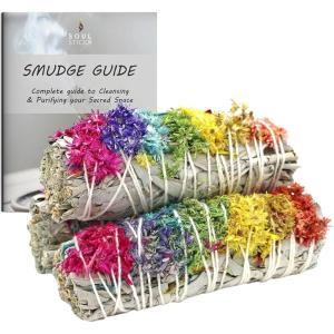 imageSOUL STICKS 3 Pack Floral White Sage Smudge Sticks Bundle with Flowers for Cleansing Home Meditation Yoga Healing and Smudging Sustainably Sourced California Orange BouquetIris