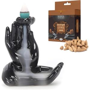 imageSOUL STICKS Backflow Incense Holder Burner Waterfall Fountain for Home Office Yoga Room Decor ampamp Aromatherapy with 1 Pack of 10 Backflow Fragrance Cones Included Mystic FallsMeditation Hands