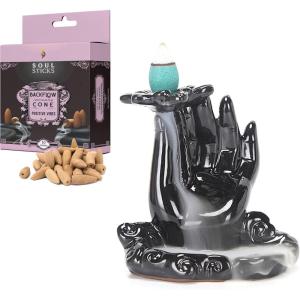imageSOUL STICKS Backflow Incense Holder Burner Waterfall Fountain for Home Office Yoga Room Decor ampamp Aromatherapy with 1 Pack of 10 Backflow Fragrance Cones Included Mystic FallsOm Hand