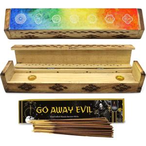 imageSOUL STICKS Handmade Carved Incense Burner Wooden Coffin Box with Storage Includes Go Away Evil Incense Sticks 7 Chakras Celestial7 Chakras