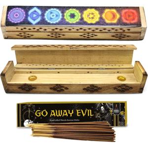 imageSOUL STICKS Handmade Carved Incense Burner Wooden Coffin Box with Storage Includes Go Away Evil Incense Sticks 7 Chakras Celestial7 Chakras Celestial