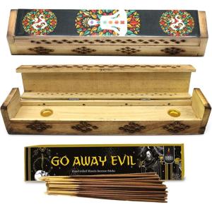 imageSOUL STICKS Handmade Carved Incense Burner Wooden Coffin Box with Storage Includes Go Away Evil Incense Sticks 7 Chakras Celestial7 Chakras Om