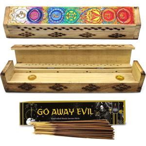 imageSOUL STICKS Handmade Carved Incense Burner Wooden Coffin Box with Storage Includes Go Away Evil Incense Sticks 7 Chakras Celestial7 Chakras Sketched