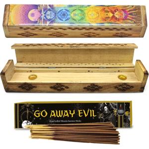 imageSOUL STICKS Handmade Carved Incense Burner Wooden Coffin Box with Storage Includes Go Away Evil Incense Sticks 7 Chakras Celestial7 Chakras Tree