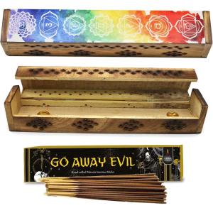 imageSOUL STICKS Handmade Carved Incense Burner Wooden Coffin Box with Storage Includes Go Away Evil Incense Sticks 7 Chakras Celestial7 Chakras Watercolor
