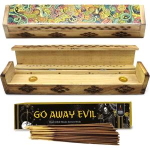imageSOUL STICKS Handmade Carved Incense Burner Wooden Coffin Box with Storage Includes Go Away Evil Incense Sticks Game OverLove Art
