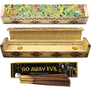 imageSOUL STICKS Handmade Carved Incense Burner Wooden Coffin Box with Storage Includes Go Away Evil Incense Sticks Game OverPeace Art