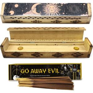 imageSOUL STICKS Handmade Carved Incense Burner Wooden Coffin Box with Storage Includes Go Away Evil Incense Sticks Game OverPink Sun and Moon