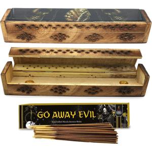 imageSOUL STICKS Handmade Carved Incense Burner Wooden Coffin Box with Storage Includes Go Away Evil Incense Sticks Game OverSkull of Luck
