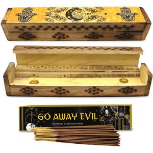 imageSOUL STICKS Handmade Carved Incense Burner Wooden Coffin Box with Storage Includes Go Away Evil Incense Sticks Game OverYellow Hamsa Hand