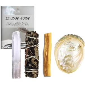 imageSOUL STICKS Beginners Mini Smudge Kit Includes White Sage 34 Abalone Shell Selenite Wand and Palo Santo with Smudging Guide Blue SageBlack Sage
