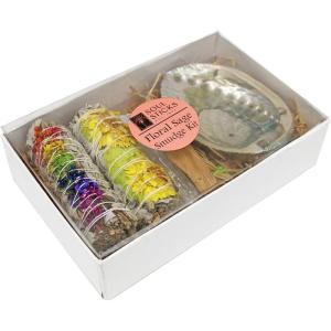 imageSOUL STICKS Floral Sage Smudge Kit  Gift Set with 2 Floral White Sage Smudge Sticks Smudge Shell Palo Santo Stick 4 Selenite Wand and Sweetgrass Rainbow with YellowRainbow With Green
