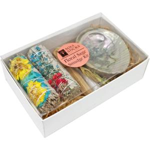 imageSOUL STICKS Floral Sage Smudge Kit  Gift Set with 2 Floral White Sage Smudge Sticks Smudge Shell Palo Santo Stick 4 Selenite Wand and Sweetgrass Rainbow with YellowBlues