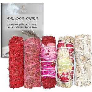 imageValentines Day Smudge Stick Variety Gift Set  Floral and Scented Sage Bundles for Space Cleansing  Smudging Wand Gift Set with Smudge Guide 5 Pack5 Pack