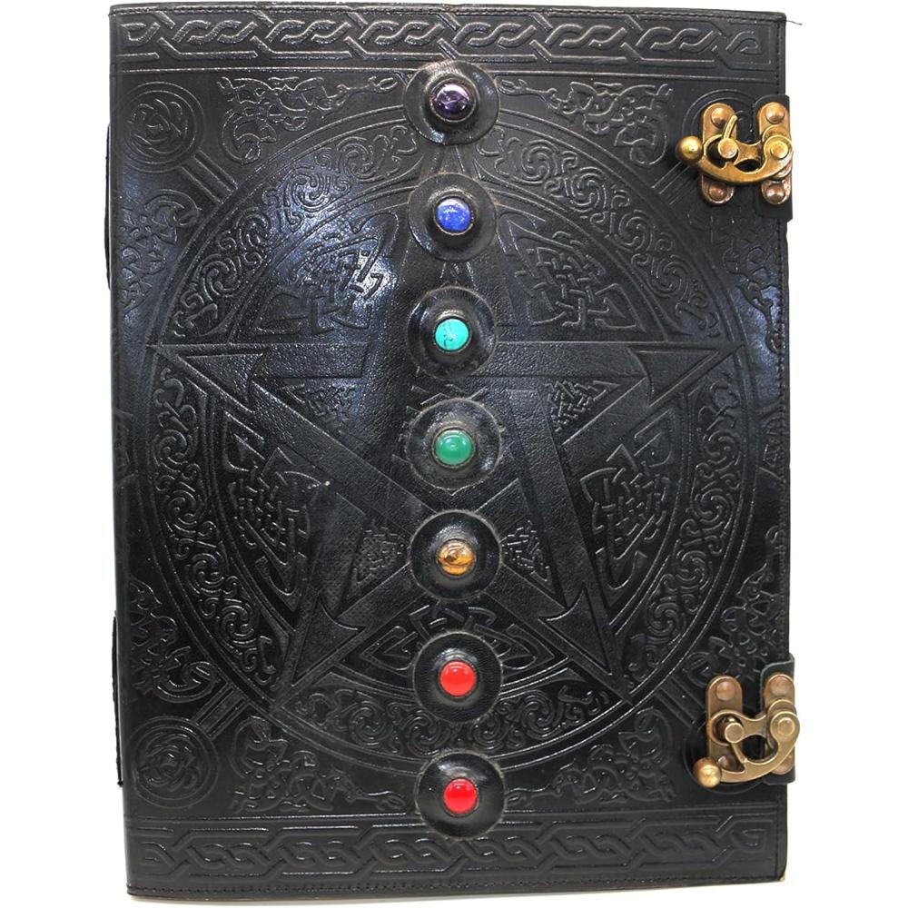 imageSoul Sticks Black 7 Chakras WStones 10 x 13 Handcrafted Leather Journal  200 Blank Pages Vintage DeckleEdge Paper HandStitched Binding  Ideal Notebook for Writing Sketching or Travel