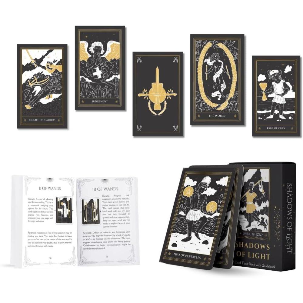 imageSoul Sticks Golden Night Tarot Cards for Beginners 78 Classic Tarot Deck with Meanings on Them Durable Tarot Cards with Guide Book for Beginners BlackShadows of Light