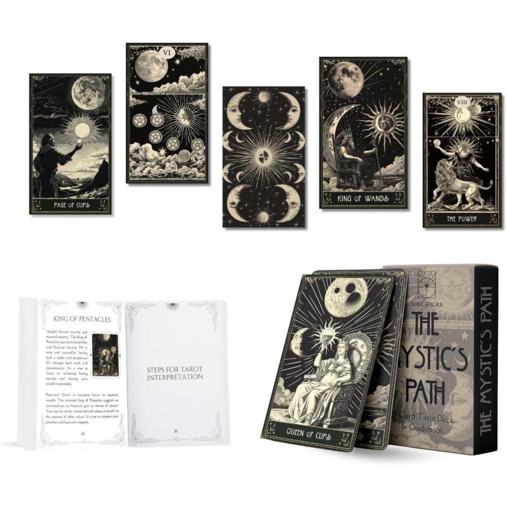 imageSoul Sticks Golden Night Tarot Cards for Beginners 78 Classic Tarot Deck with Meanings on Them Durable Tarot Cards with Guide Book for Beginners BlackMystics Path